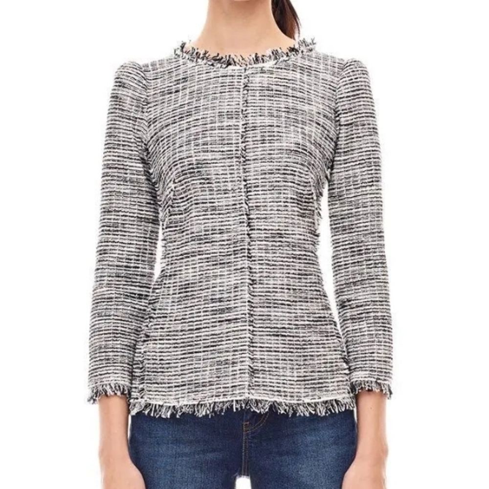 Rebecca Taylor Bouclé Tweed Top Fringe Hem Round Neck Heather Gray Blouse Size 6